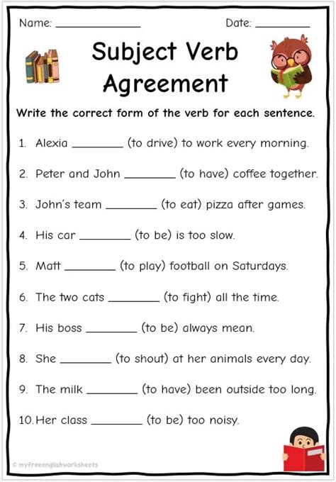 subject verb agreement worksheet for class 4